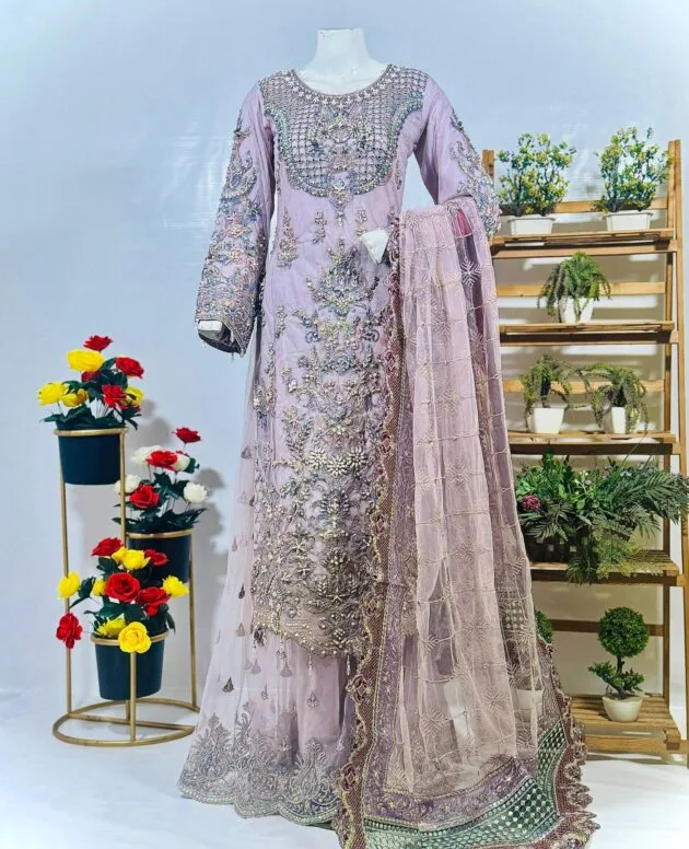 Lavender Fancy Embroidered Dress with Net Dupatta