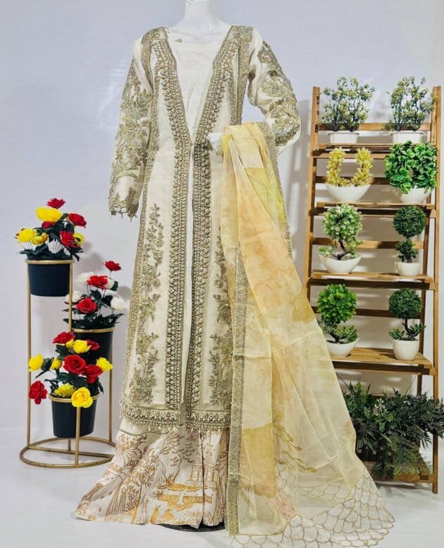 Fancy Beige Embroidered Gown Maxi