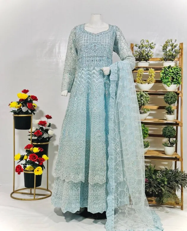 Elegant Embroidered Maxi Dress with Detailed Work