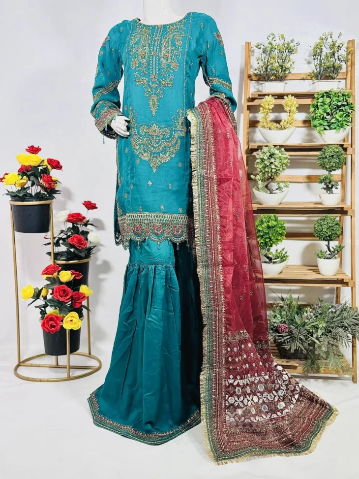 Embroidered Long Shirt with Sharara and Dupatta