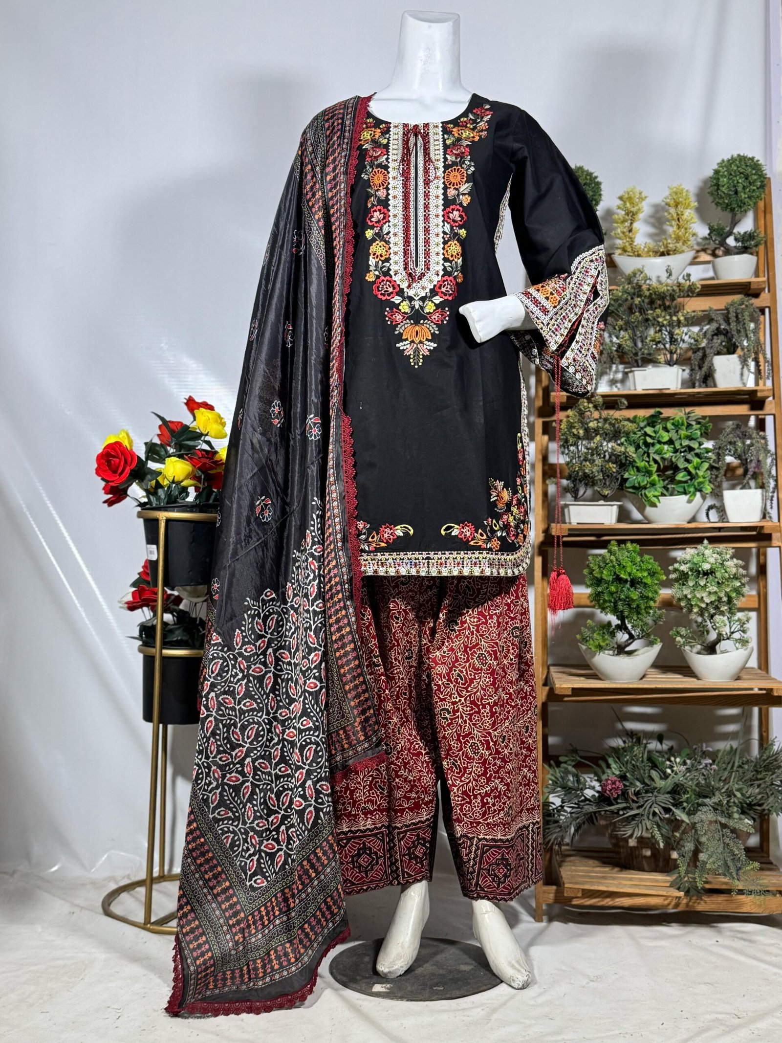 Embroidered Black Suit with Ajrak Trouser & Printed Dupatta