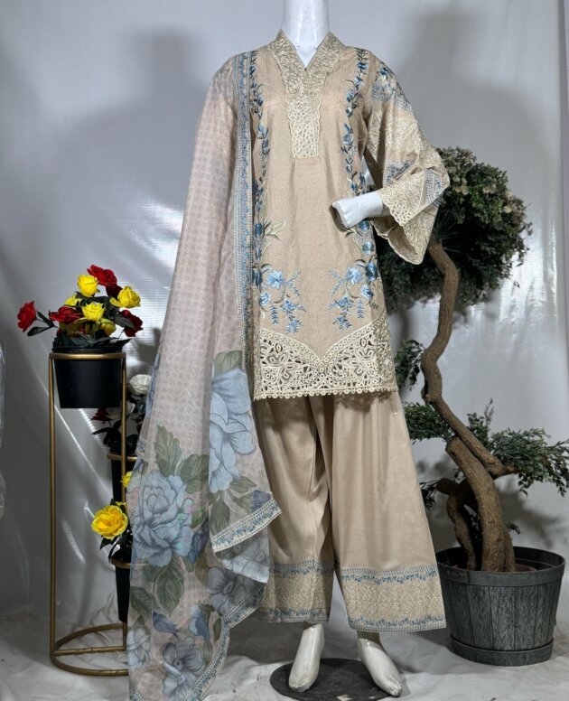 Elegant Beige Embroidered 3-Piece Suit