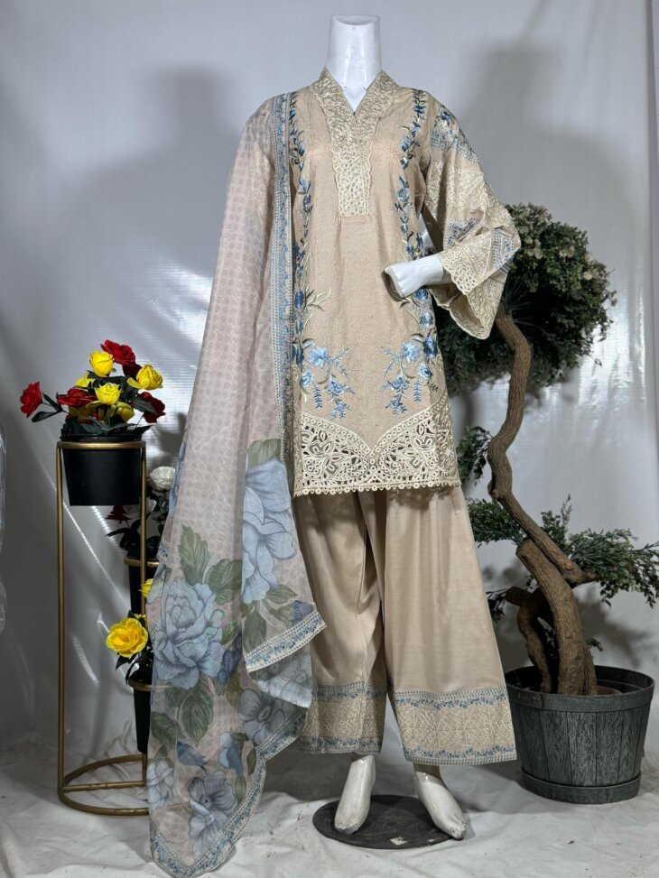 Elegant Beige Embroidered 3-Piece Suit