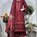 Luxury Maroon Embroidered 3-Piece Suit with Floral Dupatta