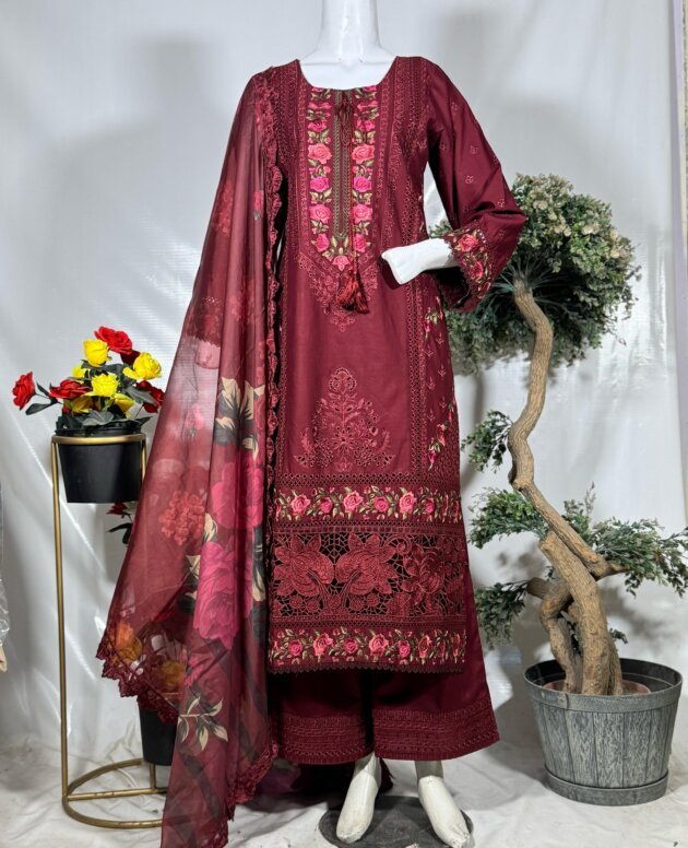 Luxury Maroon Embroidered 3-Piece Suit with Floral Dupatta