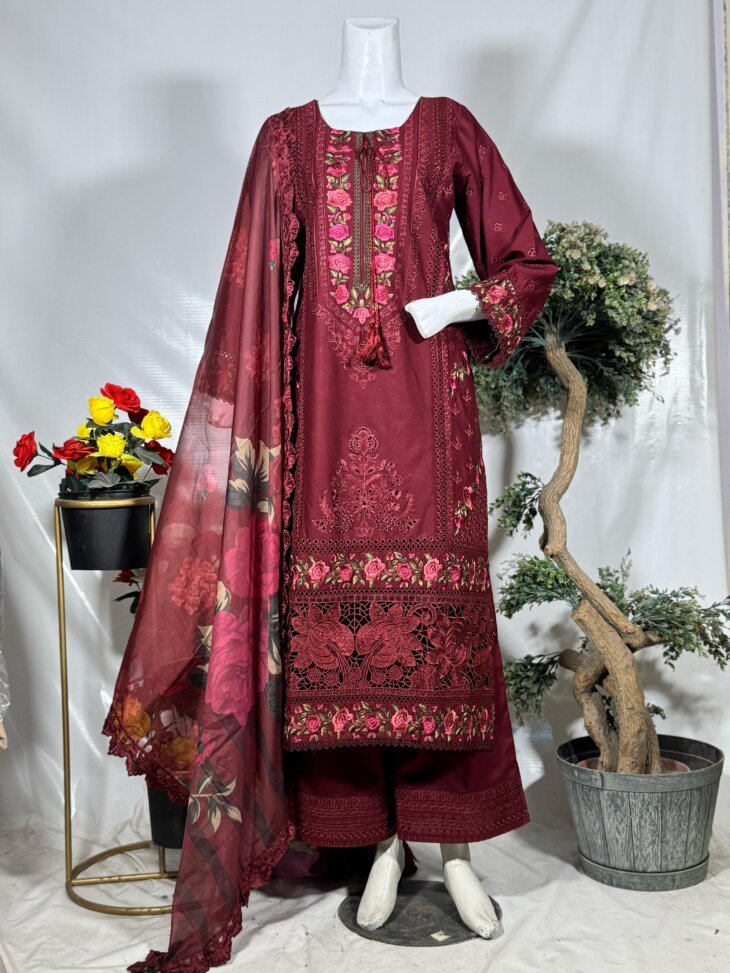 Luxury Maroon Embroidered 3-Piece Suit with Floral Dupatta
