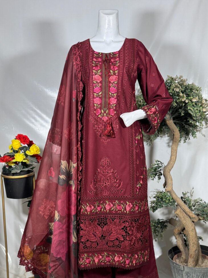 Luxury Maroon Embroidered 3-Piece Suit with Floral Dupatta - Image 2