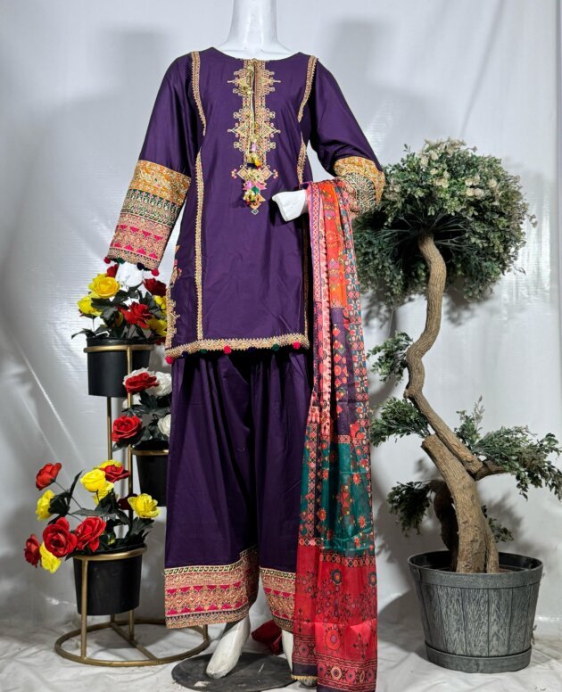Embroidered Traditional Shalwar Kameez with Multicolor Dupatta
