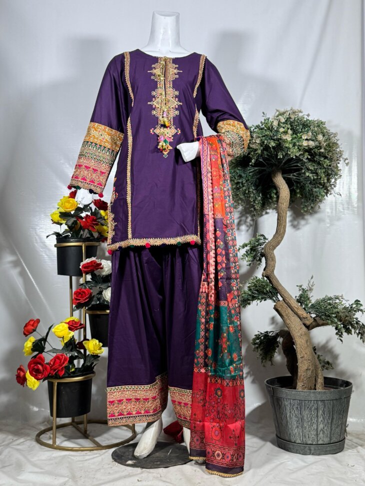 Embroidered Traditional Shalwar Kameez with Multicolor Dupatta