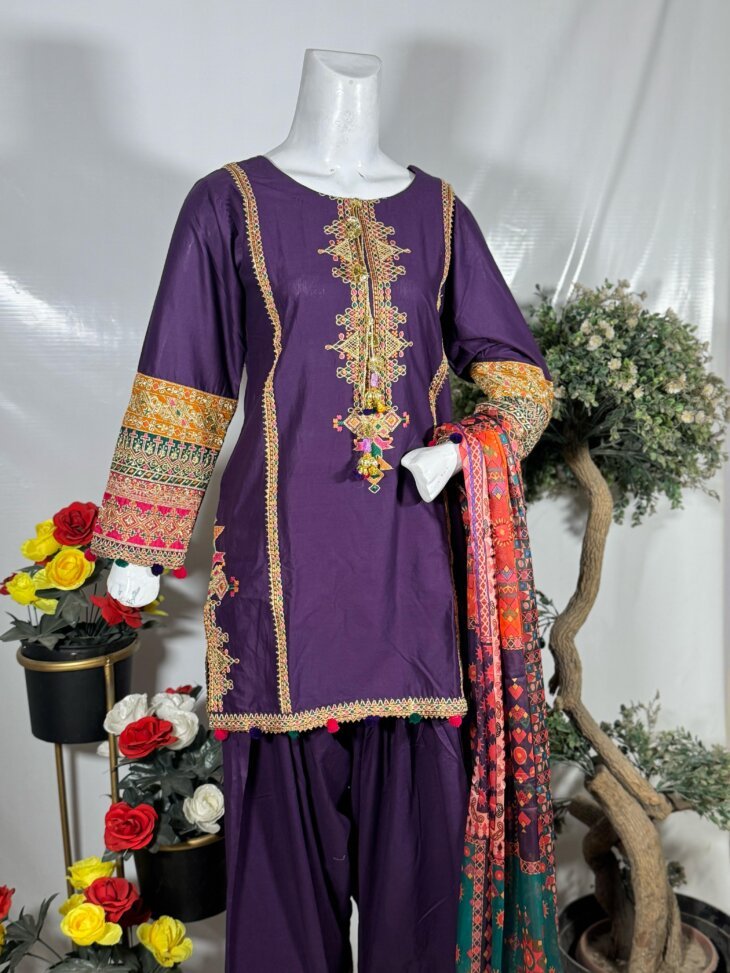 Embroidered Traditional Shalwar Kameez with Multicolor Dupatta - Image 2