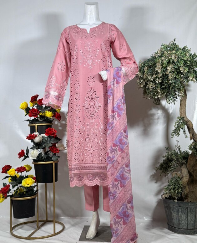 Embroidered Eyelet Suit with Printed Dupatta